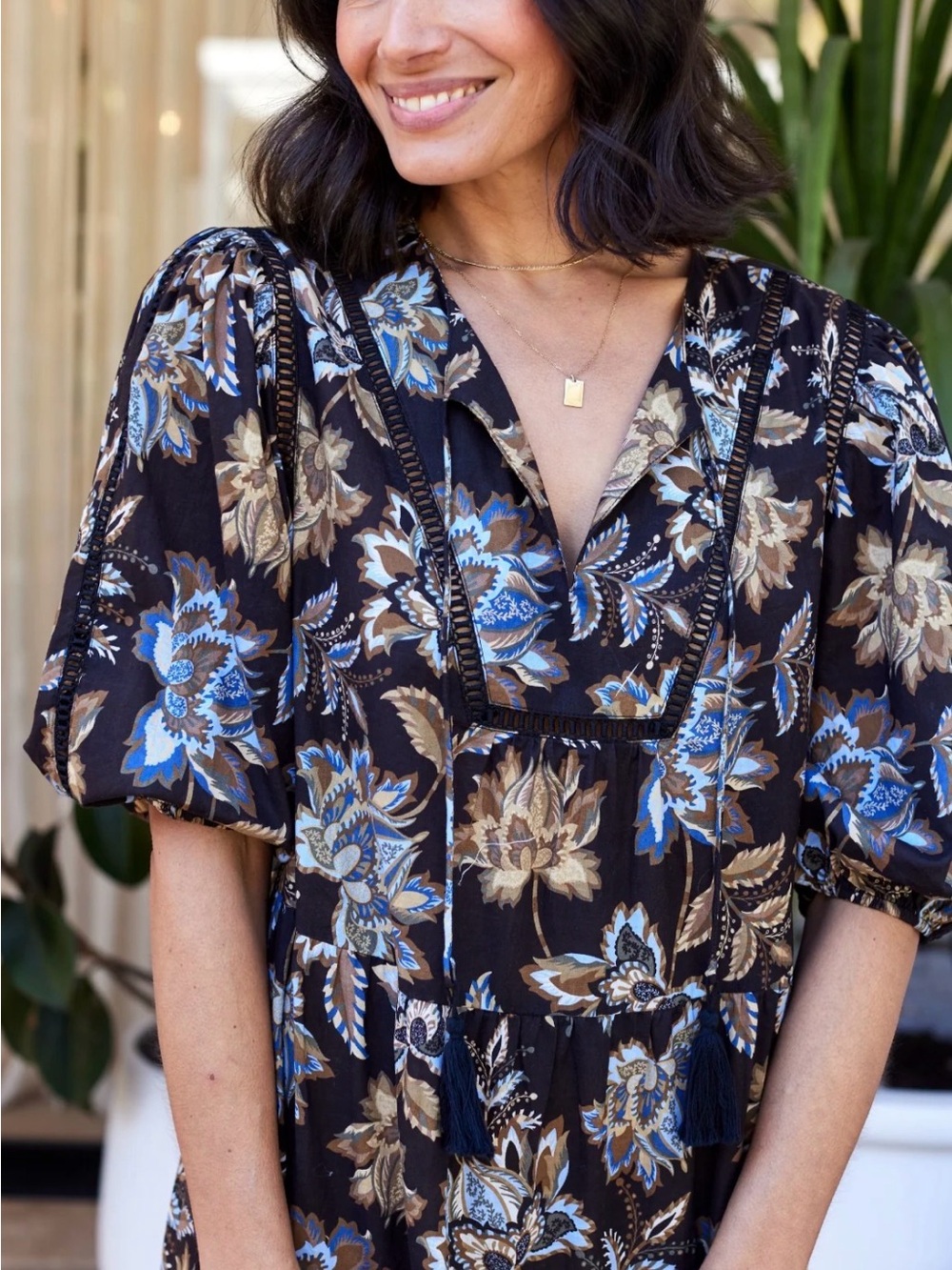 Maye Saskia Floral Puff-Sleeve Midi Cotton Dress